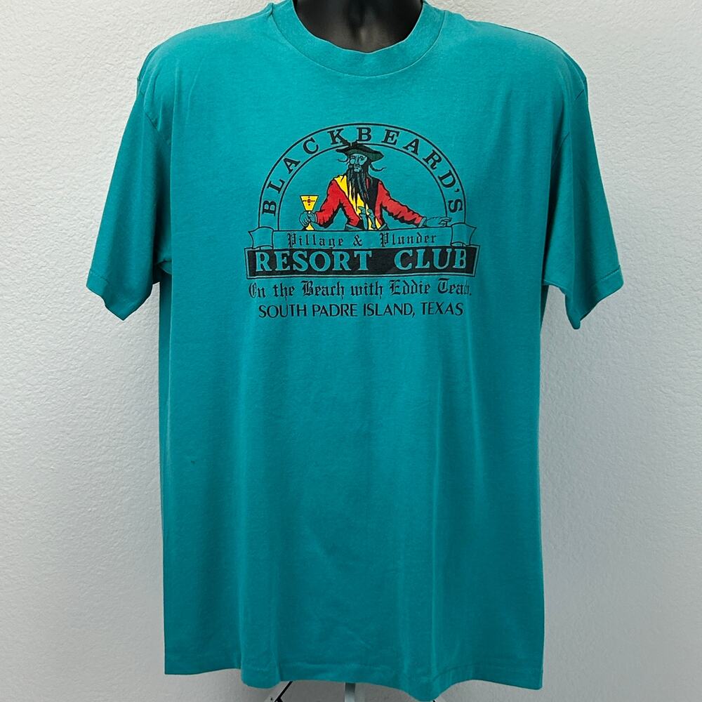 Vintage 80s Blackbeards Resort Club T Shirt L Large South Padre Island USA Green
